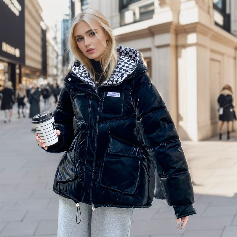Women's Puffer Jacket Hooded Checkerboard Pattern Winter Coat_voghion.com