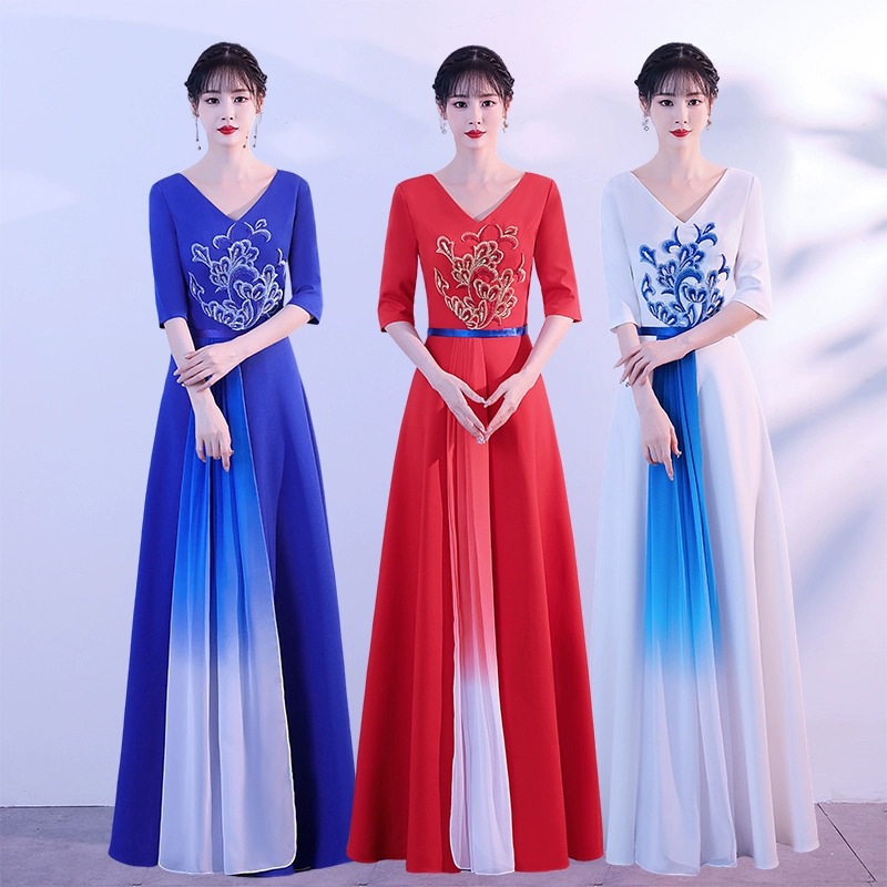 Chinese style chorus dress women's long dress red song performance dress playing guzheng pipa clothing model catwalk dress