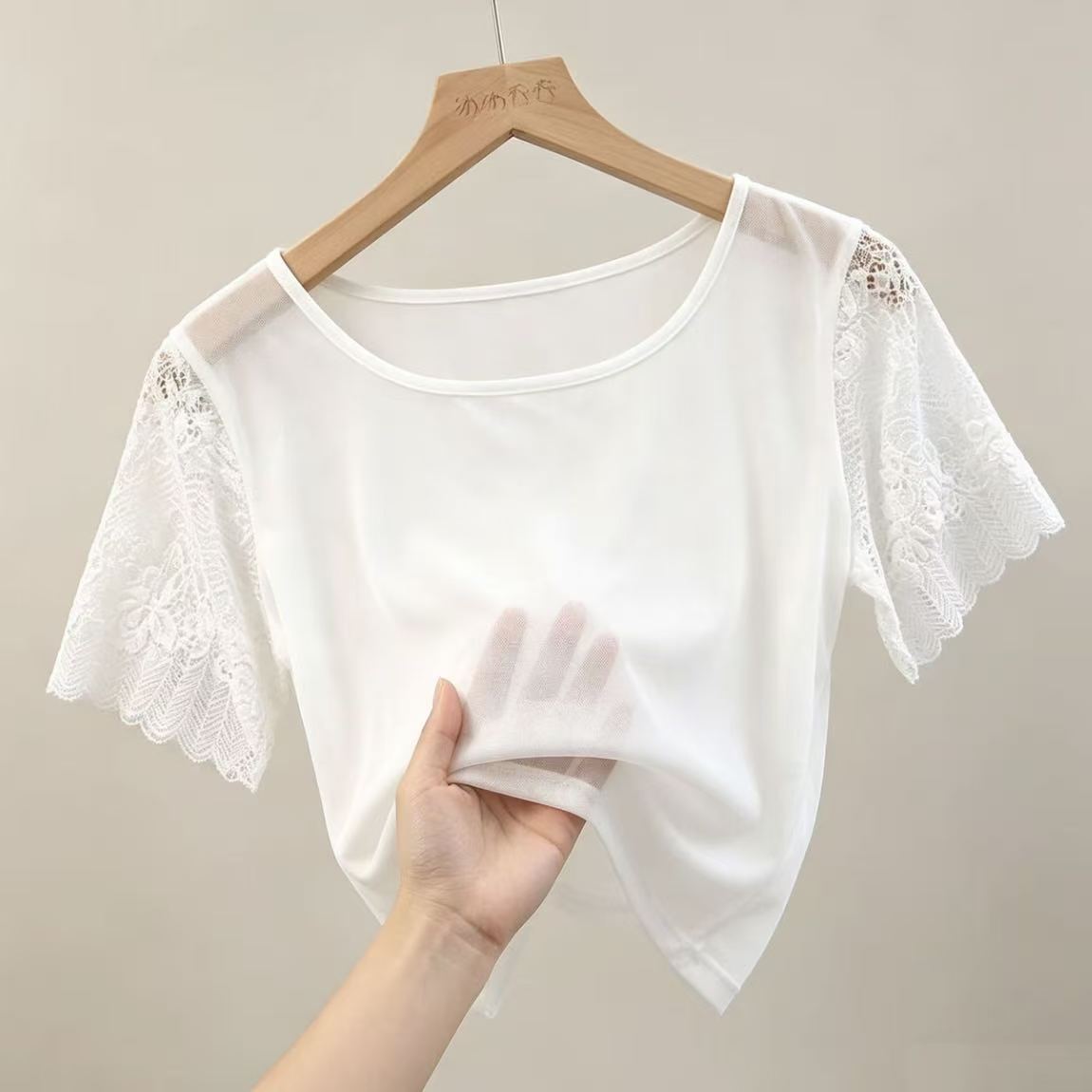 Spring/Summer Lace Sexy Half-Length Mesh Anti-Exposure Base Layer Cover-up Women's Short-Sleeve T-Shirt Inner Layer Sheer Short Top