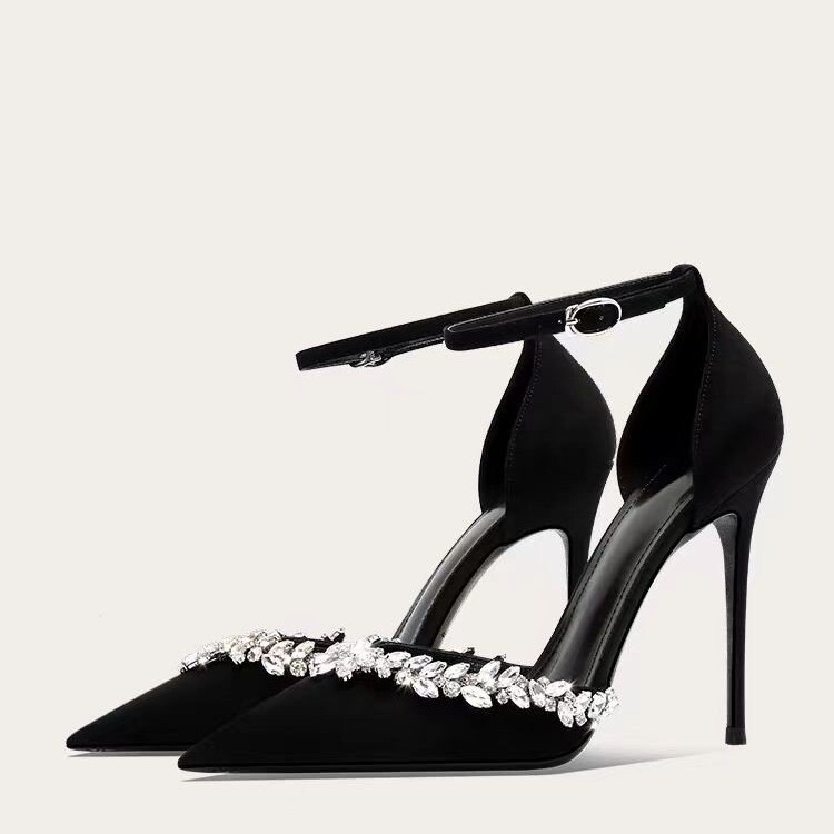 Black High-heeled Shoes Women's Summer 2025 Foreign Trade New Arrival One-character Buckle Bag Pointed Sandals Diamond Chain Hollow Single-layer Shoes