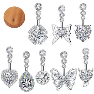 Amazon jewelry three zircon love belly button nail stainless steel belly button ring super flash water drop zircon belly button nail puncture