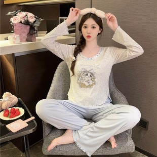 Pajamas Women's Summer Fine Pit Modal Cotton Cat Printed Comfortable Long Sleeve Trousers suit Plus Cotton Home Clothes