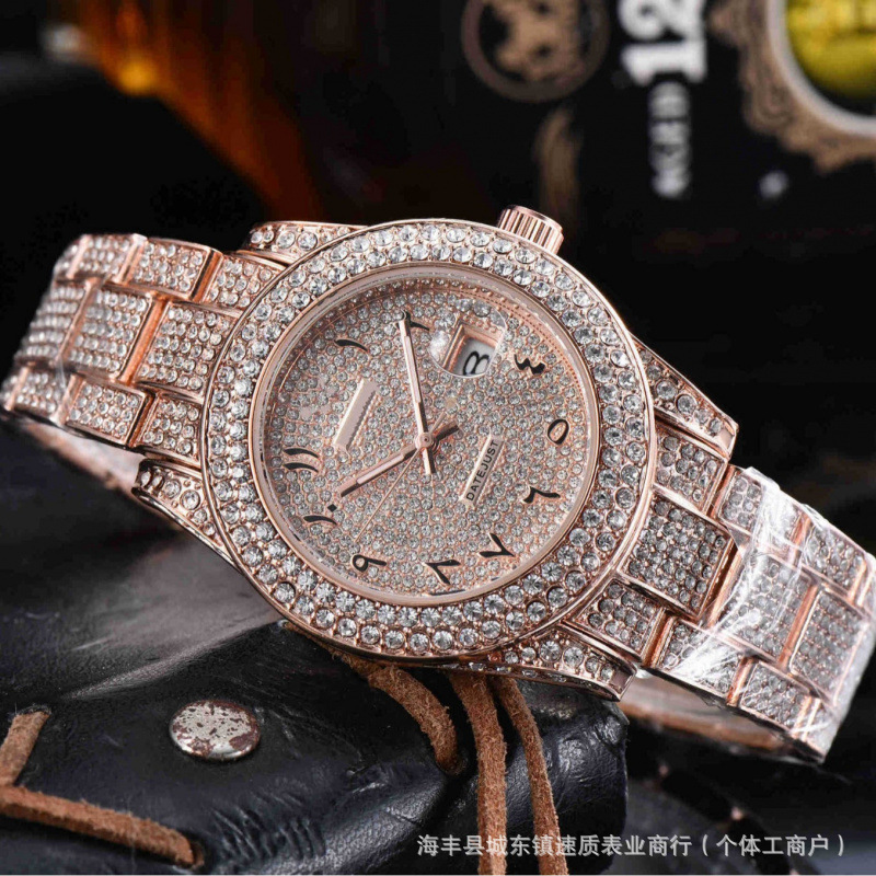 Hot-Selling Foreign Trade Factory Direct Sale 2025 Popular European and American Full Diamond Women's Roman Quartz Watch with 3-Hand Calendar