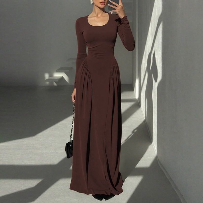 Europa y los Estados Unidos transfronterizos otoño y invierno 2025 nuevo estilo francés de color sólido elegante de manga larga U-collar cintura grande vestido al por mayor image 3