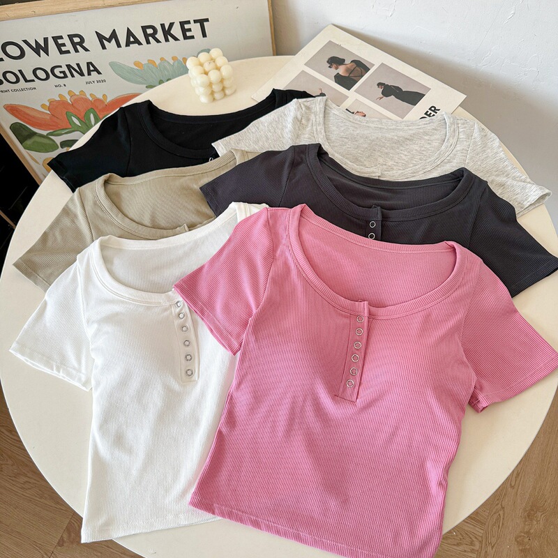 New Style Pure Desire Style Outer Wearing Half-breasted Design Short-sleeved T-shirt Women's Bracket Pad Slim-fit Sexy All-match Girl