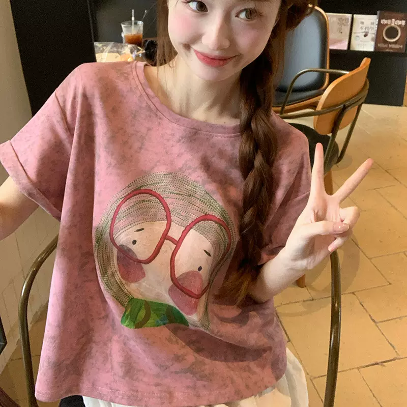 可爱印花短袖T恤女夏季2025新款休闲宽松显瘦慵懒风百搭套头上衣