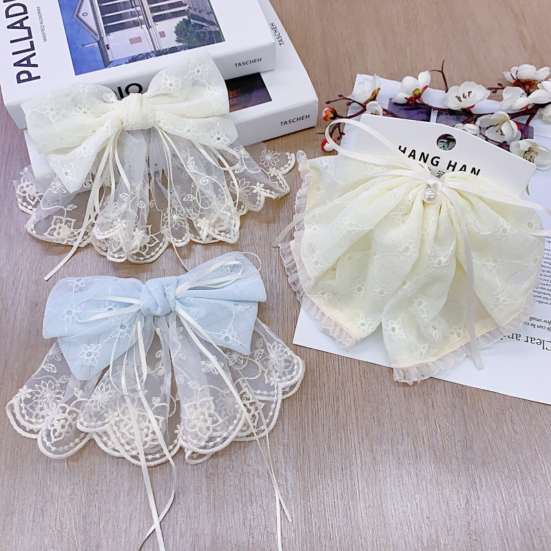 ins风日韩温柔少女浅色刺绣花朵裙摆发夹弹簧夹高马尾抓夹发抓