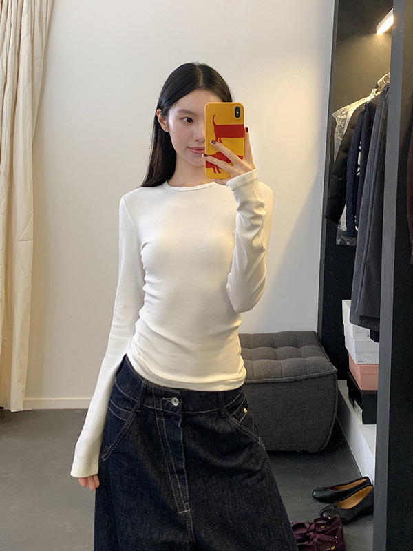 辣妹正肩上衣2025秋冬新款纯色掐腰显身材百搭长袖T恤女装打底衫|undefined