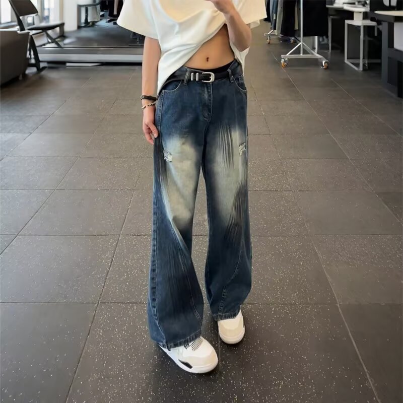Vintage Splatter Ripped Jeans for Men, Summer Stylish High-End Bf Lazy American High Street Straight-Leg Flared Pants