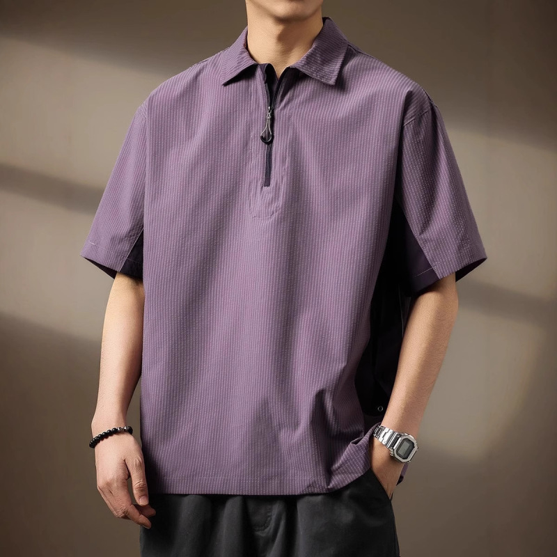 Trendy Outdoor Sports Half-Zip Men's Polo Shirt, Summer Thin Quick-Dry Breathable Color-Blocked Workwear T-Shirt