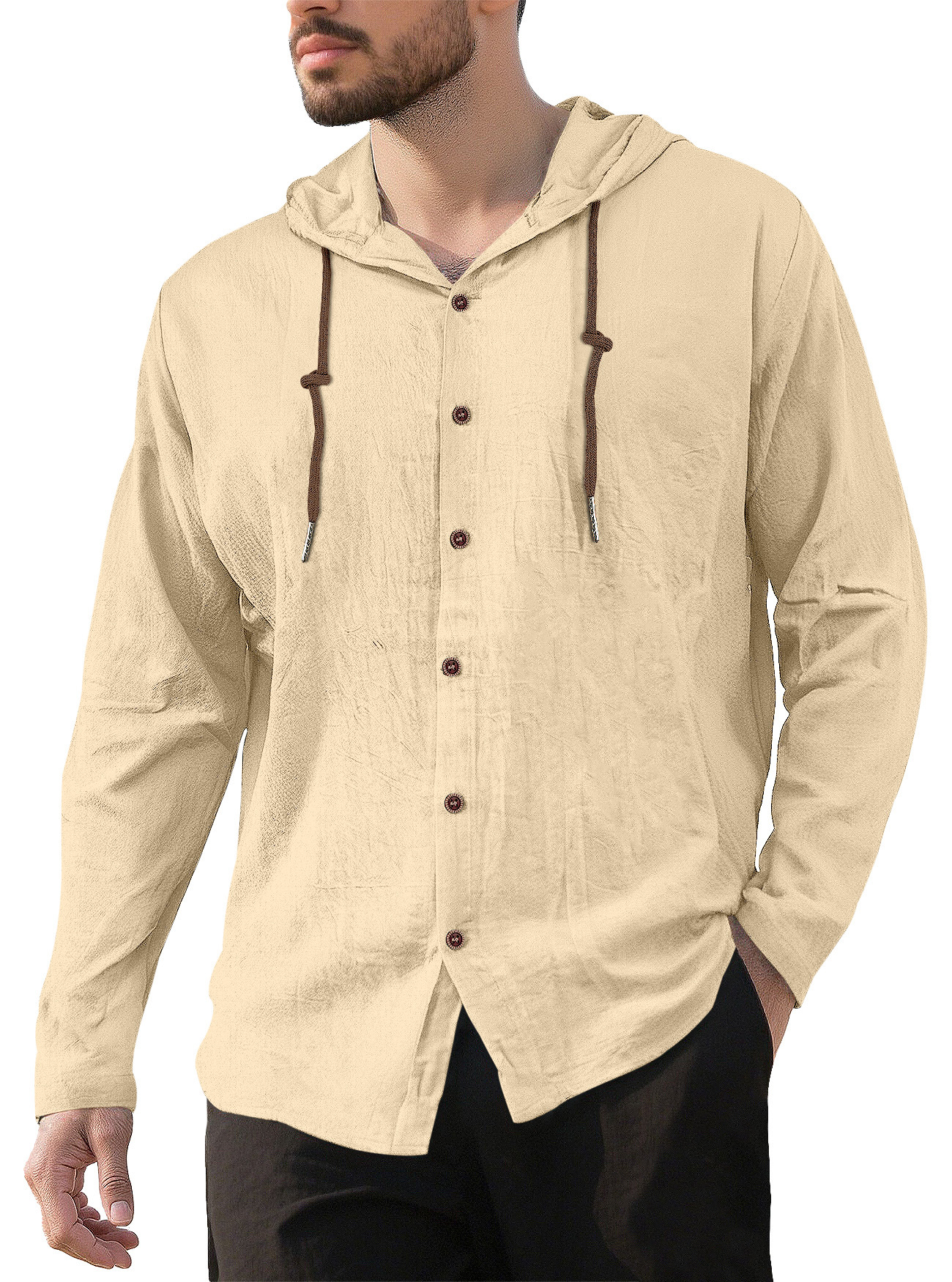 Transfronterizos de hombres Amazon encapuchado Camiseta de algodón camiseta de color sólido suelta de manga larga Cardigan casual chaqueta de playa