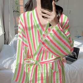 2026早春新品甜美彩虹条纹睡袍韩系纯棉纱布浴袍睡裙睡衣家居服女