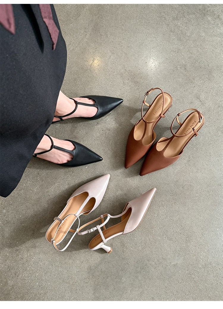 Sandal cao gót nữ mũi nhọn quai chữ T hở gót, da cừu, gót 5 cm — màu nâu chi tiết 26