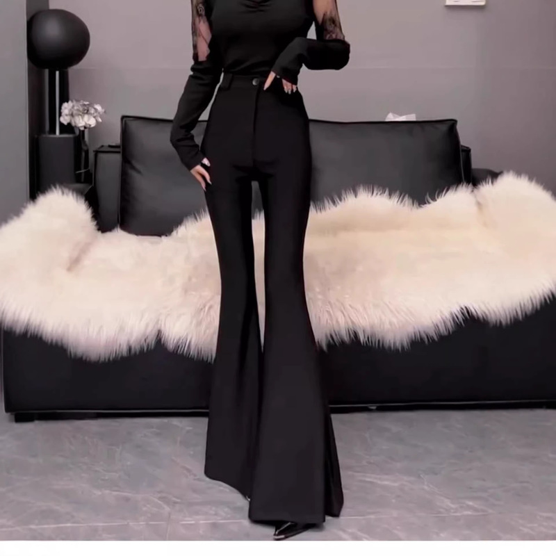 Flared Pants for Women, Summer Thin Black High-Waisted Slimming Floor-Length Pants with Drape Effect, Casual Supermodel Long Pants, Suit Pants Flared Pants for Women, Summer Thin Black High-Waisted Slimming Floor-Length Pants with Drape Effect, Casual Supermodel Long Pants, Suit Pants