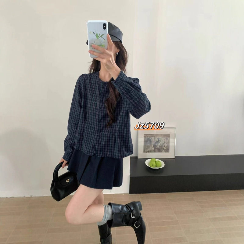 琪镌绘制时尚上衣秋季新款花边领圆领衬衣女装小清新长袖格子衬衫|undefined