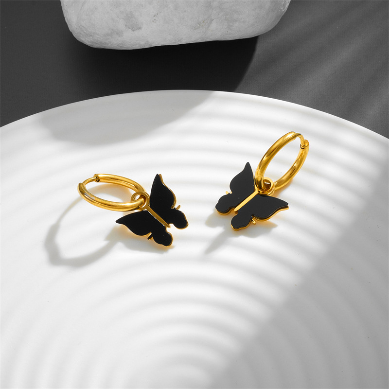 Acrylic Inlay Material Drop Earrings Classification 1 Pair Quantity 1 Pair Simple Style Butterfly Patchwork Titanium Steel Acrylic 18K Gold Plated Drop Earrings
