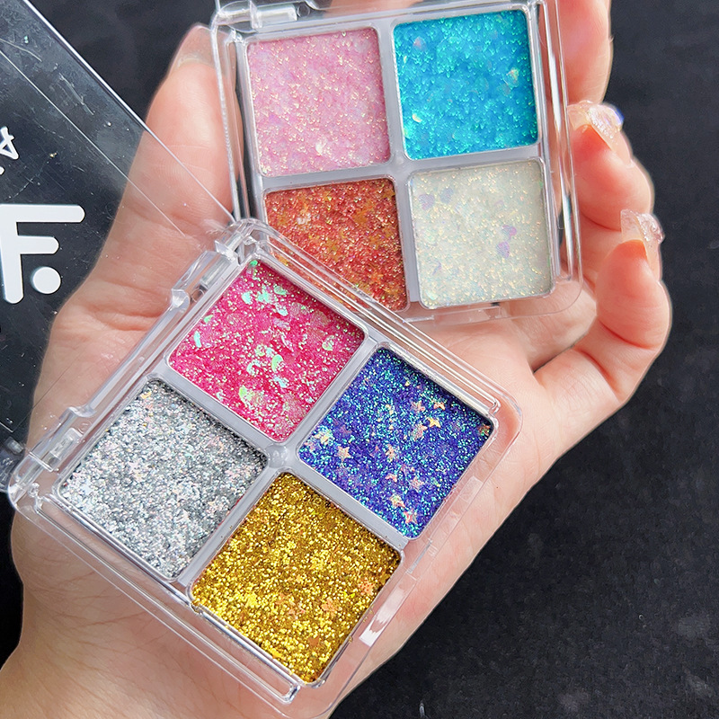 Sombra de ojos con lentejuelas de cuatro colores, maquillaje de escenario para niños, maquillaje de rendimiento, gel brillante, parche de maquillaje de ojos en polvo brillante