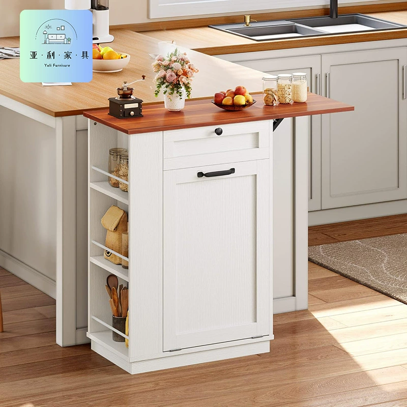 Кухонный остров-тележка с выдвижной столешницей и складной барной стойкой, скрытой урной для мусора
