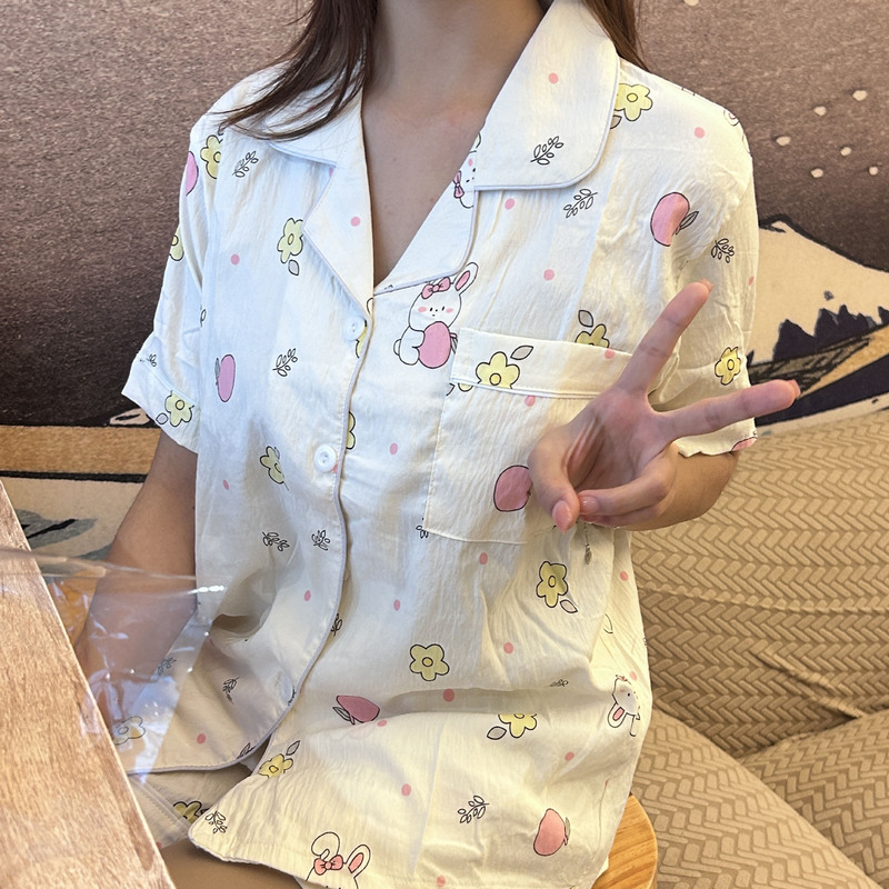 夏の少女雲綿パジャマ女性半袖半ズボン甘い少女粉縞家庭セットパジャマ女性|undefined