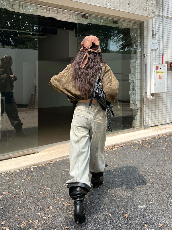 立领蝙蝠袖美式复古水洗重工迷彩工装夹克口袋拼接短外套85080|undefined
