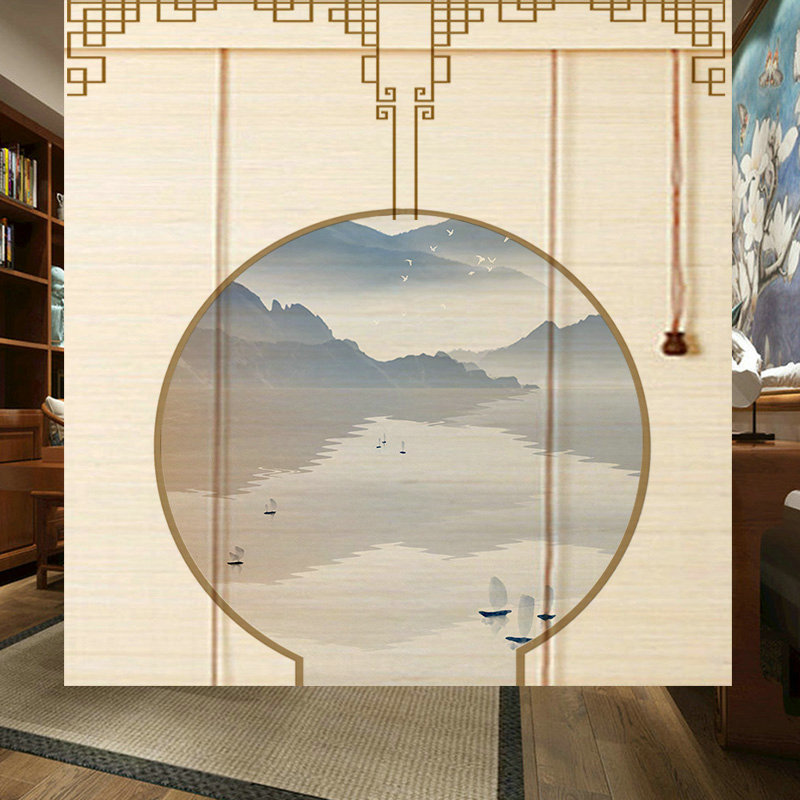 卸売カスタマイズされた中国風のプリント竹カーテンローラーブラインド昇降カーテン吊り絵茶室装飾遮光パーティションローリングドア|undefined