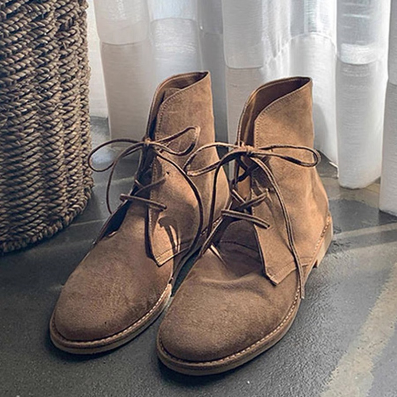 Cowhide Version ~ Genuine Leather Round Head Lace-up Martin Boots Women's British-style Frosted Vintage Short Boots All-match Flat Women's Boots