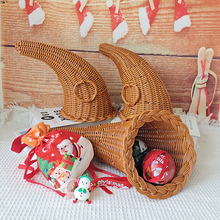 藤编牛角篮多用途收纳篮礼物号角牛玲款手工编织篮子圣诞节摆件