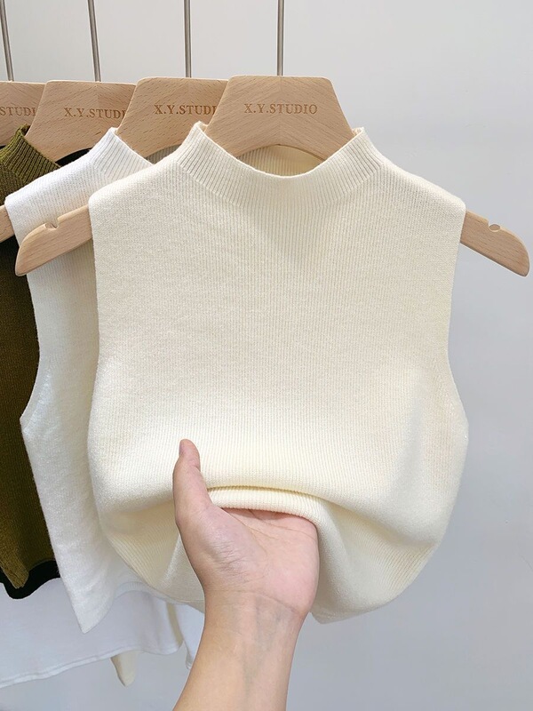 Early Autumn Stylish Knit Sweater Base Layer for Women, Half-High Collar Camisole, Short Top, Sleeveless Outerwear