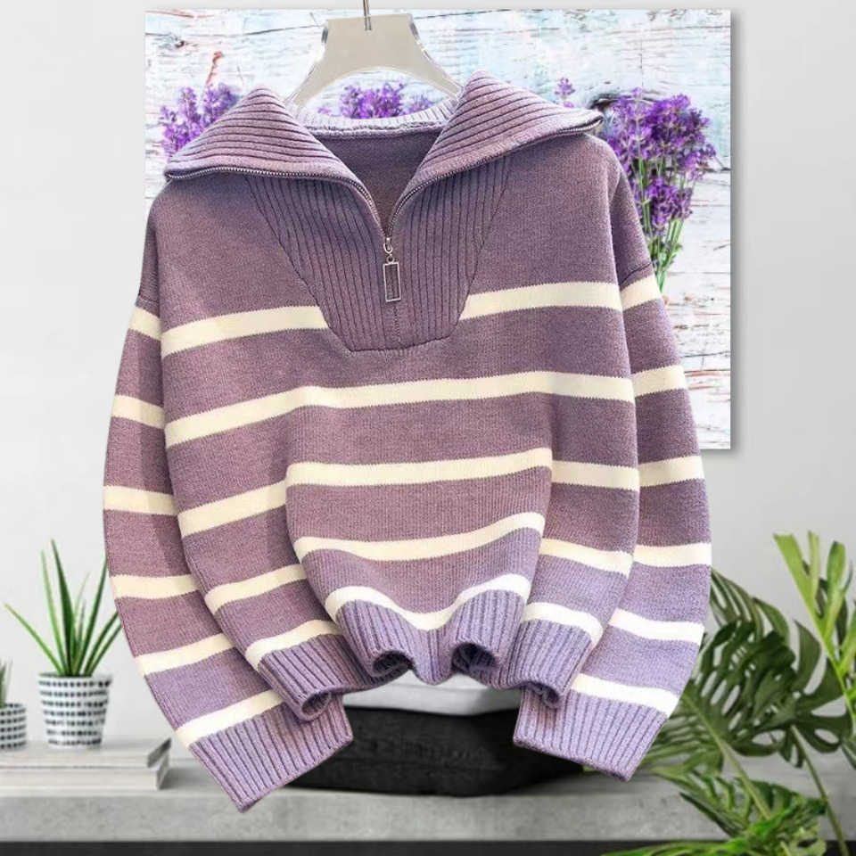 2024 neuer Damen-Herbst-Winter-College-Stil, außen und innen getragener gestreifter Strickpullover, Pullover mit halbem Reißverschluss_voghion.com