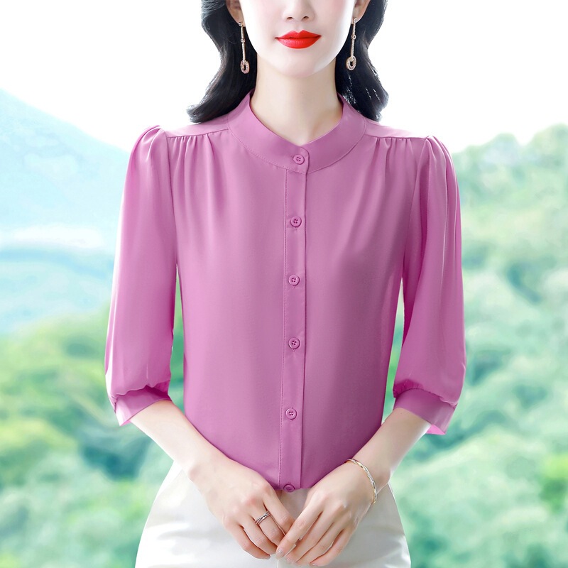 Three-Quarter Sleeve Silk Shirt for Women, New Summer Style, Age-Reducing and Elegant Blouse, Mom's Shirt, Stylish Spring and Autumn Top Three-Quarter Sleeve Silk Shirt for Women, New Summer Style, Age-Reducing and Elegant Blouse, Mom's Shirt, Stylish Spring and Autumn Top