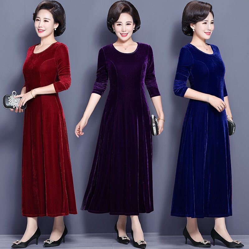 Spring and Autumn Golden Velvet dress Women's 2024 New Fashion Western Style Long Sleeve Middle-aged Elegant Slimming Mother's Long Dress