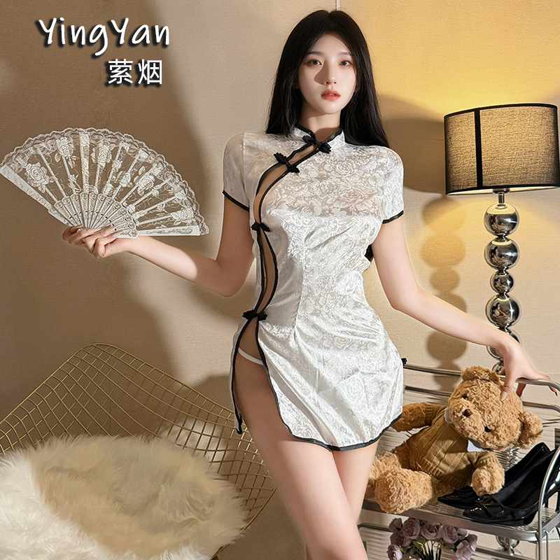 Sexy Lingerie with a Seductive Vibe, Plus-Size Qipao Uniform, Alluring and Passionate Ancient-Style Diagonal Buttoned Home Nightdress