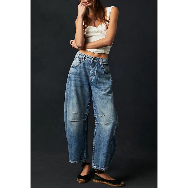 2023 New Cross-border European and American Hot Selling Fashion Casual Wide Leg Loose Jeans Women's Mid-low Waist Washed Denim