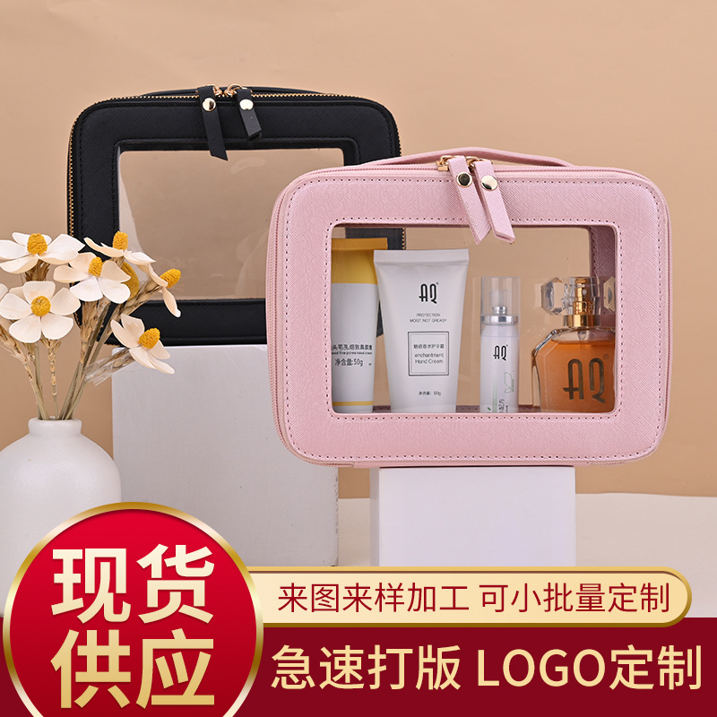Bolsas de maquillaje transfronterizas ventanas transparentes al por mayor bolsas de maquillaje PU personalizadas para mujeres coreanas