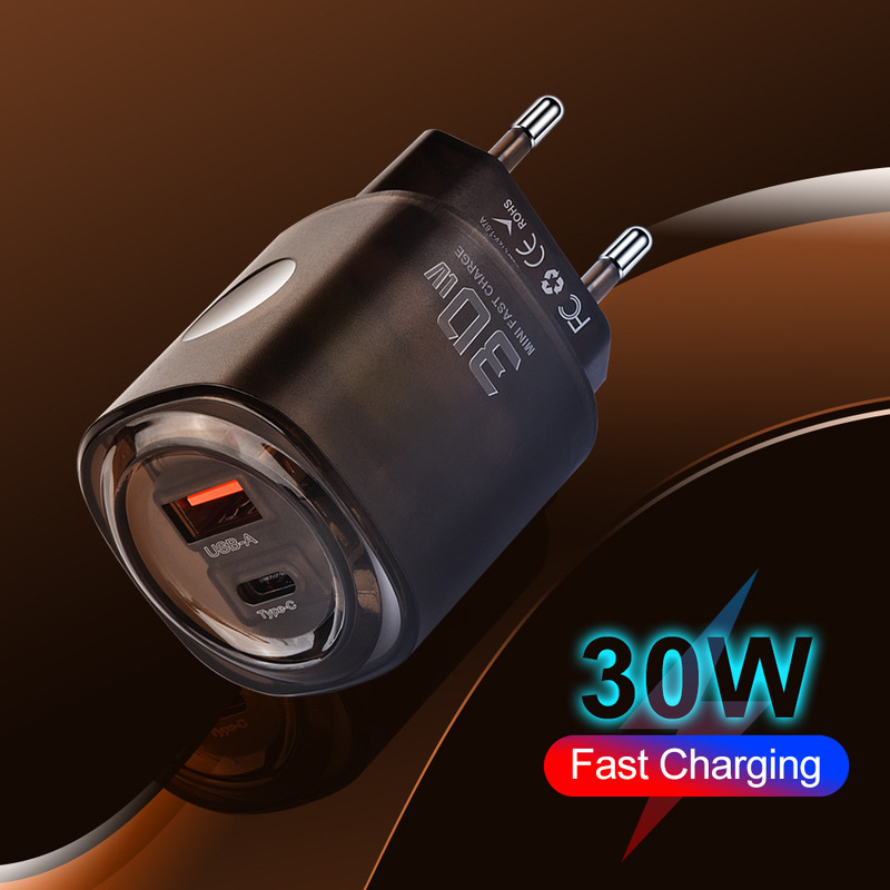 Fast Charge mobile phone charger 30W USB + Type-c dual interface PD American standard European standard travel charger wholesale Fast Charge mobile phone charger 30W USB + Type-c dual interface PD American standard European standard travel charger wholesale