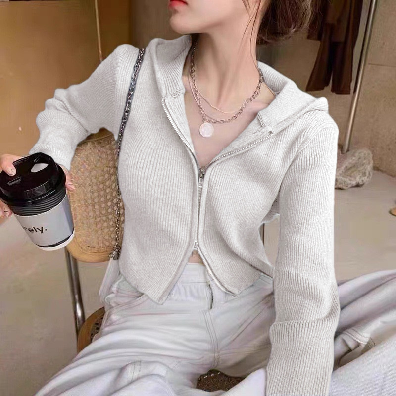 山东即墨双拉链灰色长袖卫衣女春秋连帽开衫洋气显瘦短款螺纹外套|undefined
