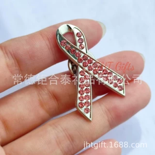 定制欧美艾滋镶钻丝带胸针锌合金别针纪念胸针定做粉丝带厂家批发