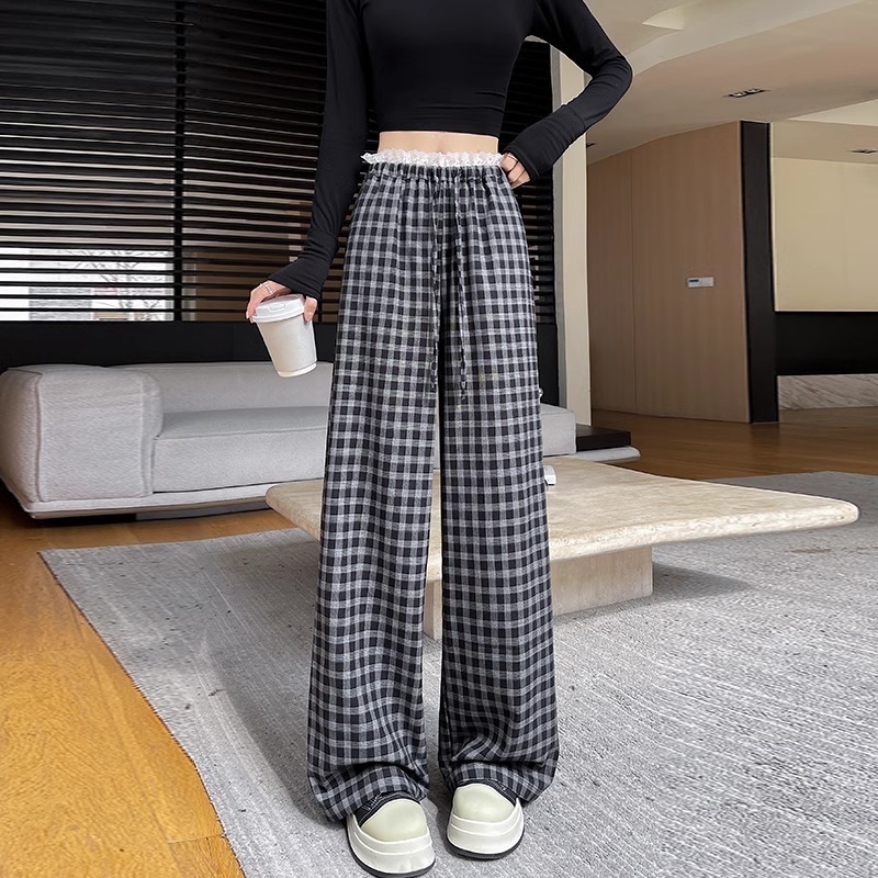 松紧腰蓝色格子蕾丝直筒裤女春夏秋高腰宽松休闲慵懒风垂感阔腿裤|undefined