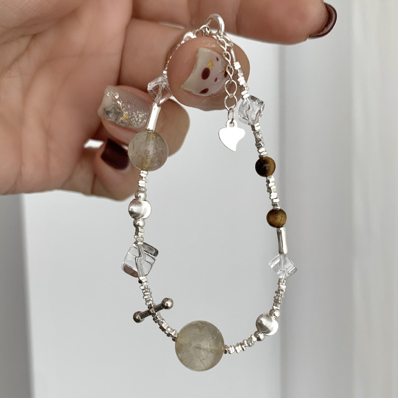 925 Sterling Silver Golden Hair Crystal Silver Bracelet with White Crystal Beads, Korean Style Jewelry, New Arrival for Dragon Boat Festival