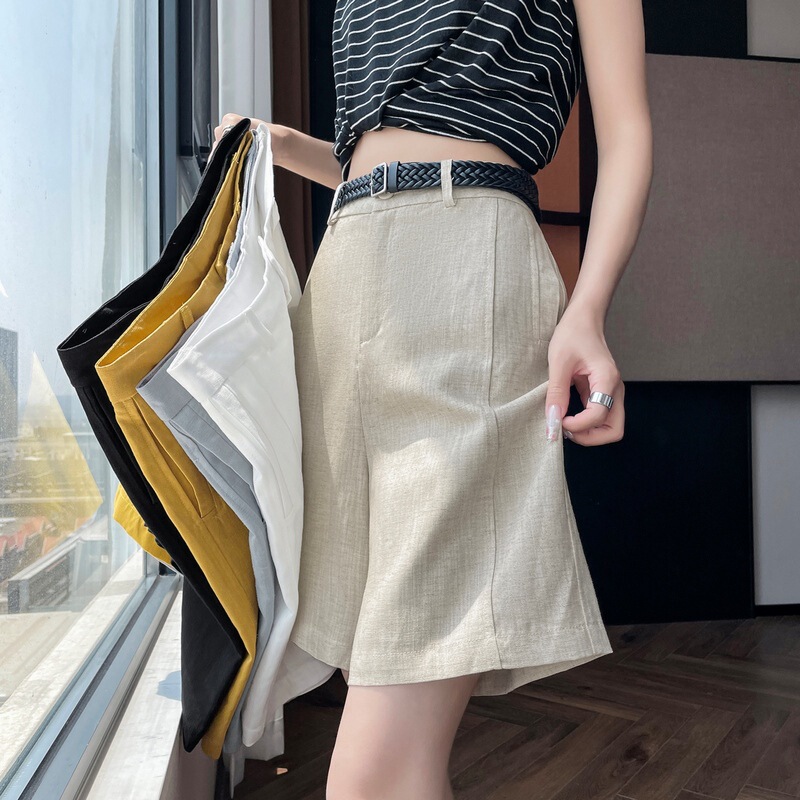 Japanese Retro Linen Suit Shorts for Women, Summer 2026, Thin Casual Five-Point Pants, Straight Cotton-Linen Wide-Leg Pants, Mid-Length Pants