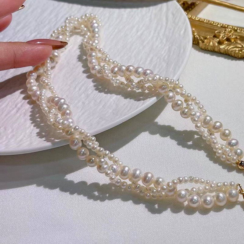 Natural Freshwater Pearl Necklace Three-layer Choker Necklace Female Clavicle Chain14k Gold-filled Retro High-end Necklace