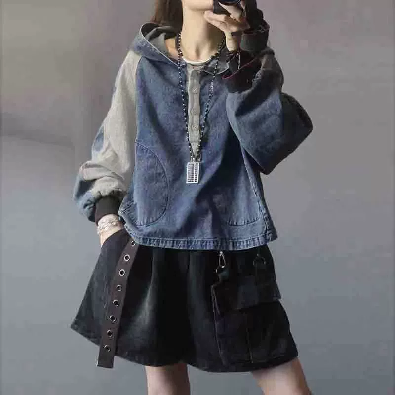 Autumn retro denim short sweatshirt with hood, oversize