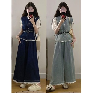 Plus Size Fat mm Fashion Suit Summer New Design Lace Denim Vest Short-Sleeved Top Fashionable Women