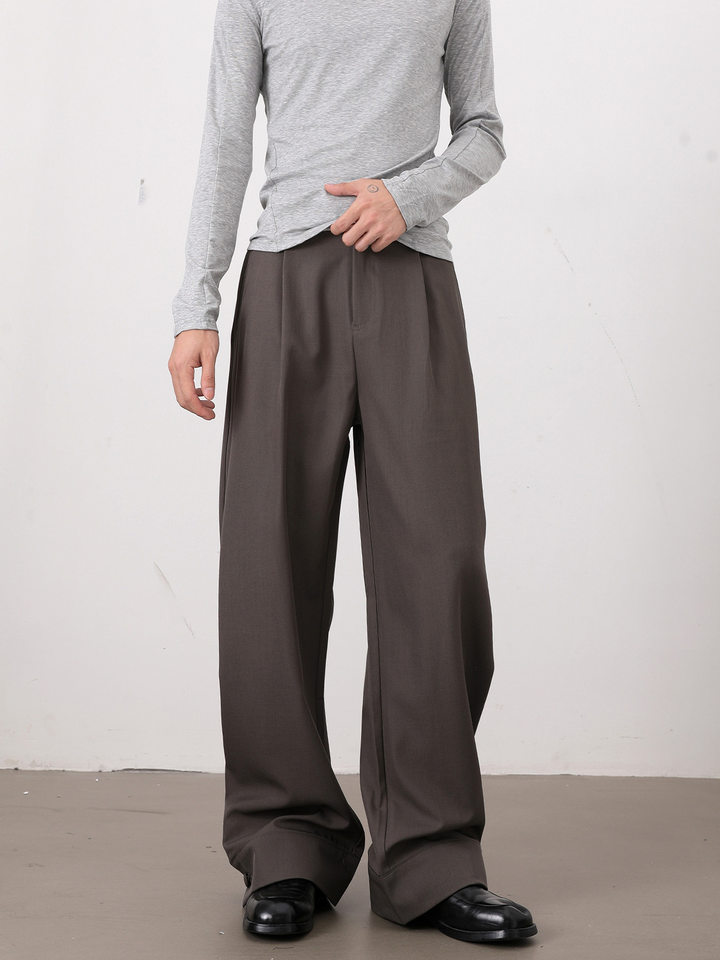 Quần tây nam ống rộng màu trơn, vải rủ nhẹ, form suông thoải mái, phong cách thanh lịch — Màu kaki, màu xám, màu đen