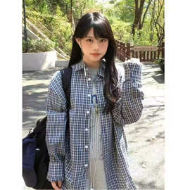 格纹格子衬衫外搭女装秋季新款小众韩系百搭宽松型慵懒风衬衣外套