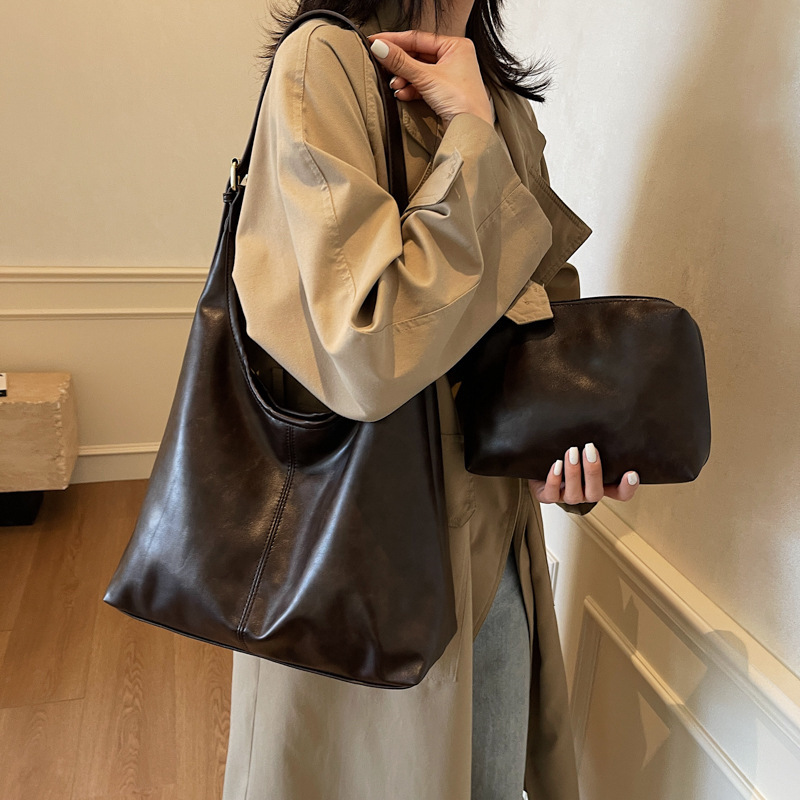 简约休闲托特包女大容量纯色百搭单肩包慵懒风时尚斜挎子母包手提|undefined