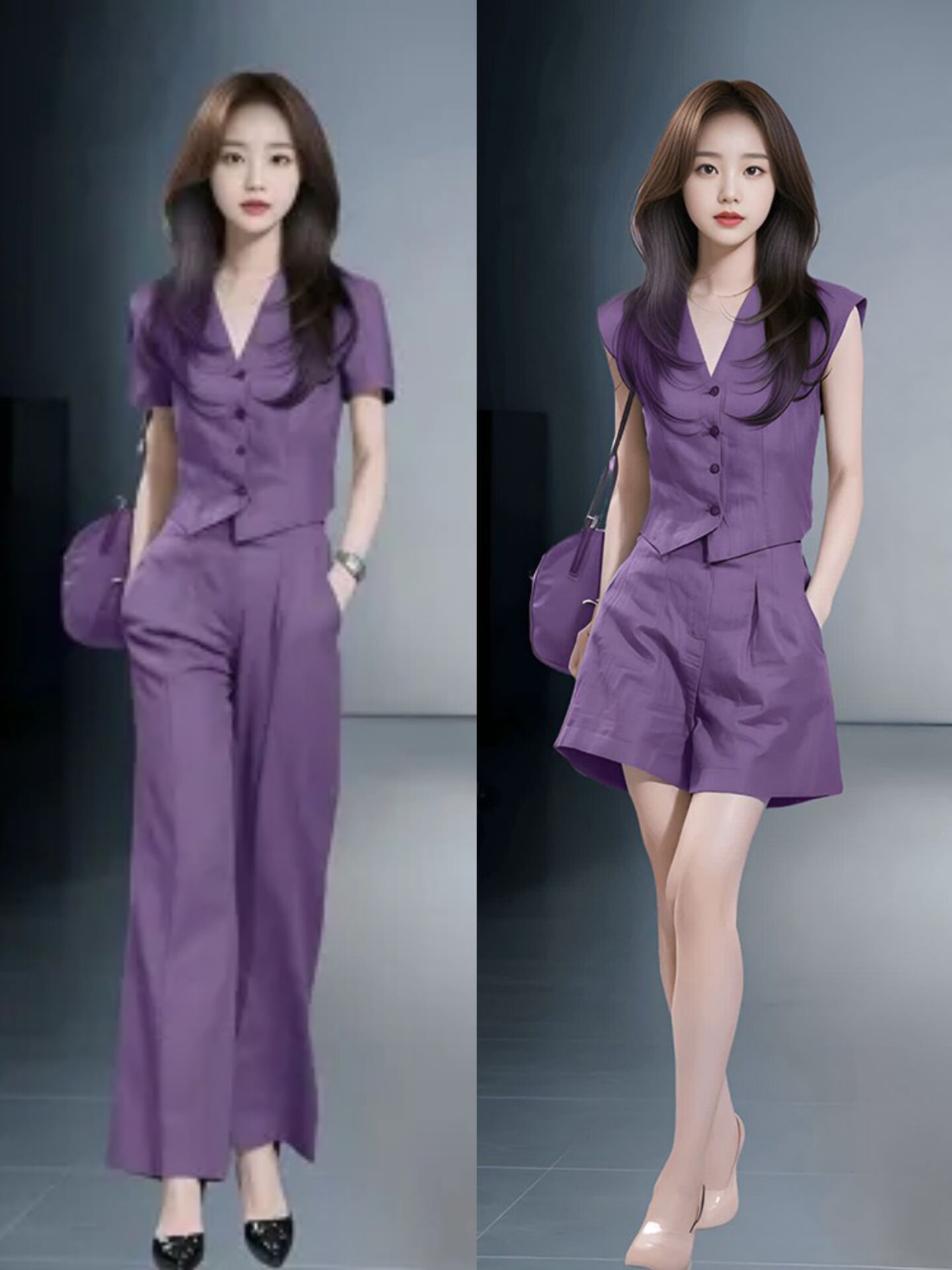 Bộ đầm suông nữ cổ V tay dài phong cách Hàn Quốc mùa xuân hè — Bộ dài màu tím