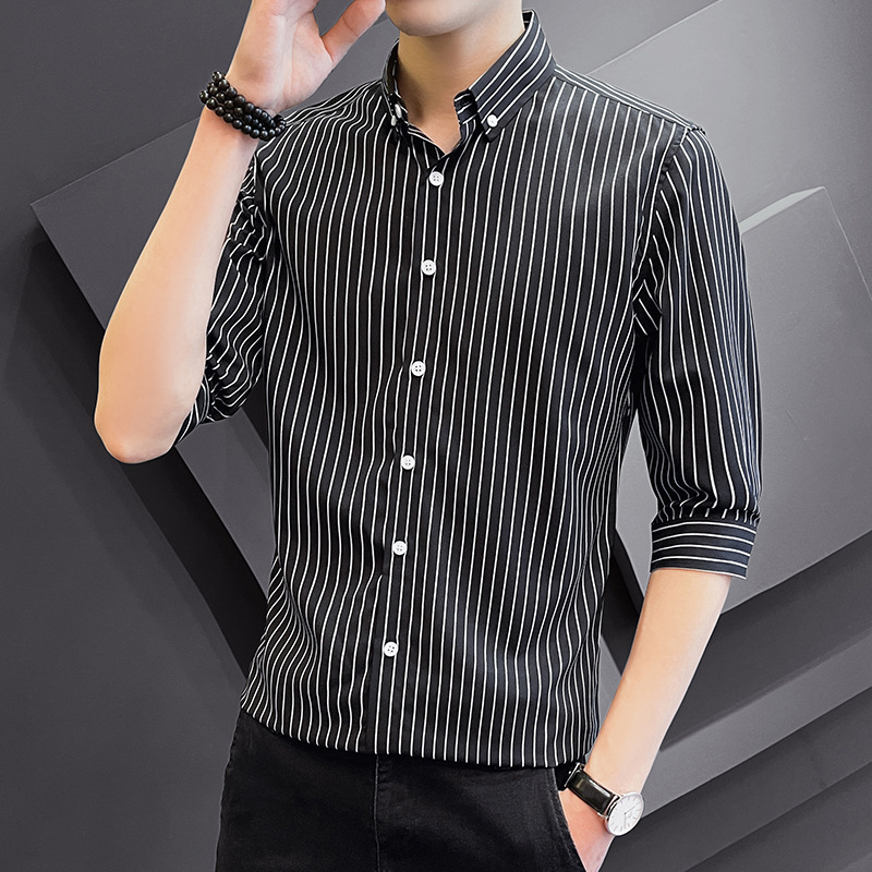 Shirt men's three-quarter sleeve striped shirt casual half sleeve Korean style slim-fit short sleeve trendy youth bottoming shirt