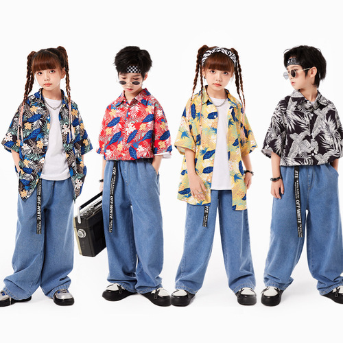 Street dance children's trendy clothing boys hip-hop hiphop retro Hong Kong style shirt suit girls drum performance clothing summer