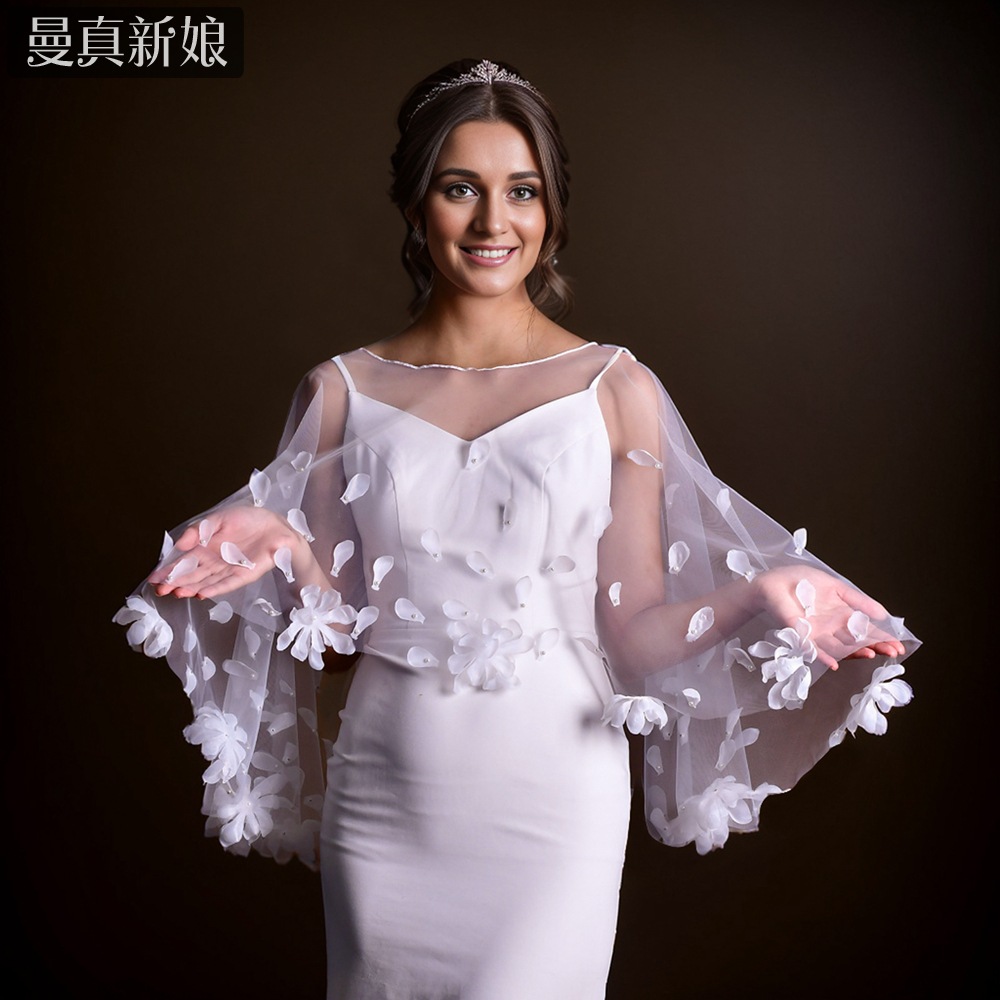 曼真 新娘披肩夏季外搭白色花朵秋季披肩 女伴娘新娘礼服配饰MG35